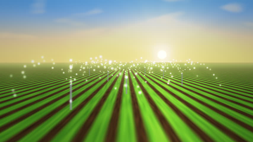 A Serene Agricultural Landscape Sprinkler Sunrise Field With Rows Of Green Crops Under A Warm Sunrise watering spray, Glowing Lights, And Vertical Poles.