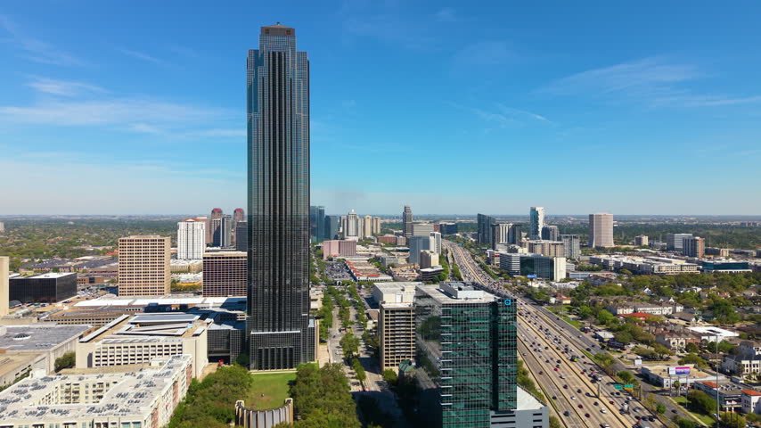 Houston, Texas The Galleria Area with modern high-rise buildings and multi-lane highways. Bustling Uptown district reflects economic strength.
