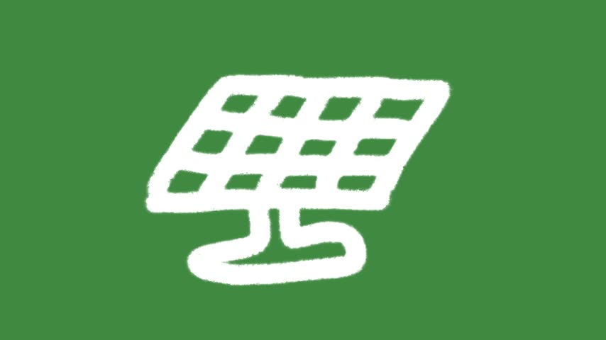 Solar panel renewable energy clean power hand-drawn cartoon graphic with chalk outline for photovoltaic panel array symbol isolated on green screen background.