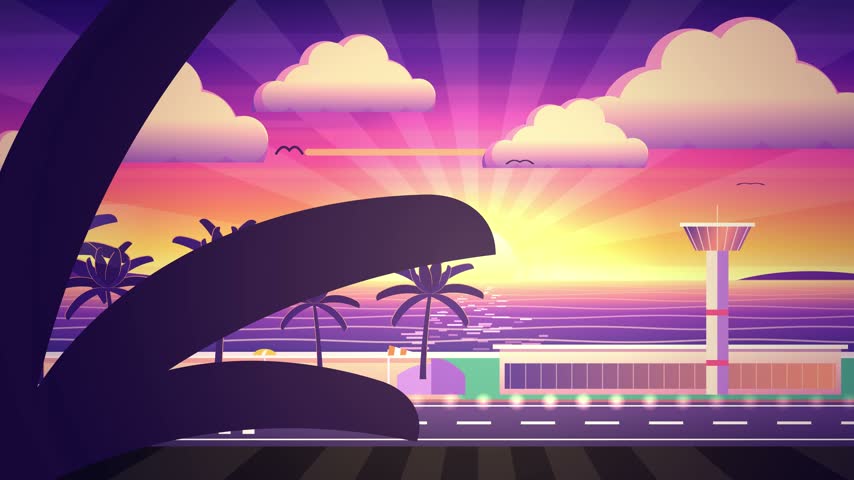 Tropical Airport Sunset Over Ocean with Palm Trees and Airplanes