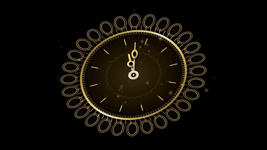A 3D rendered golden clock with an ornate oval-patterned border rotates slowly against a dark background with subtle light particles.