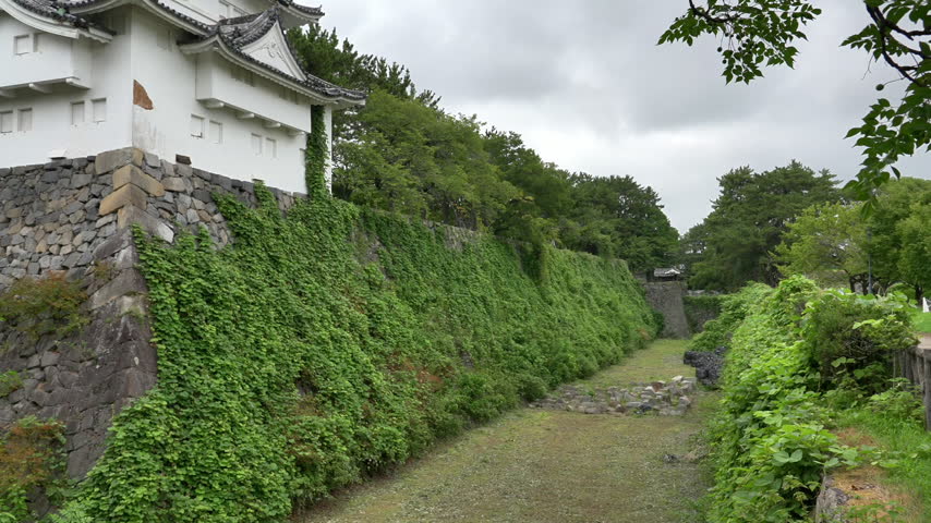White corner turret of Nagoya Castle on stone wall with ivy Japan