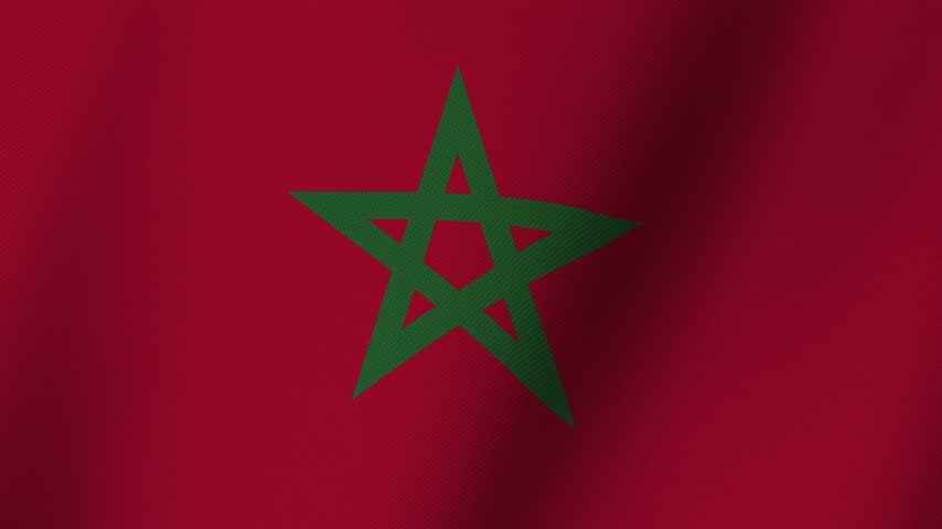 Moroccan flag waving with a central green outlined five-pointed star on a red field. Seamless loop animation in 4K.