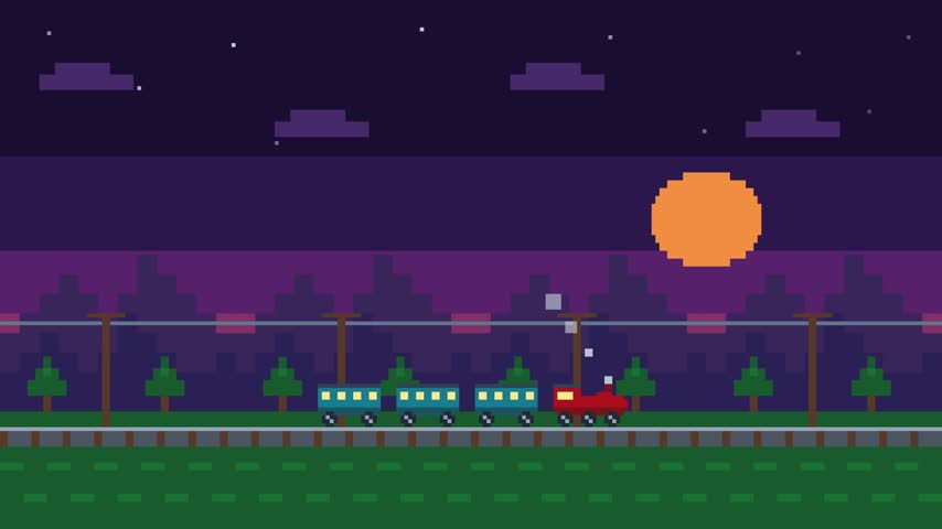 Pixel art train traveling through night landscape with moon