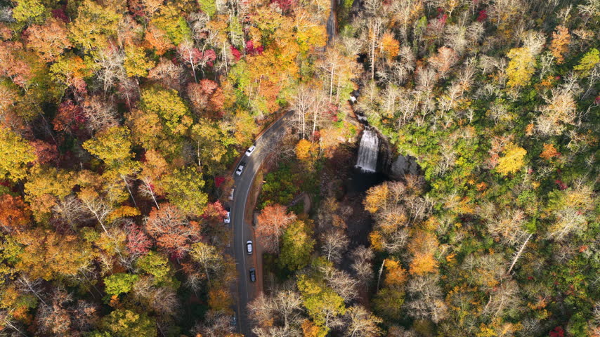 Scenic highway with driving cars and visitors at waterfall overlook in fall season. Aerial view of Looking Glass Falls near Brevard surrounded by colorful autumn forest.