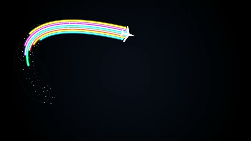 Minimalist silhouette airplane flying leaving vibrant colorful rainbow light trail on dark background for retro creative design projects