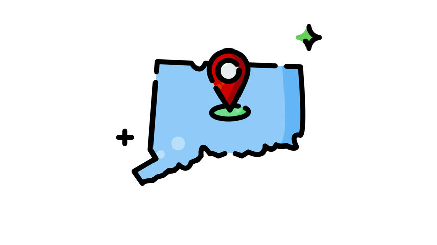 Animated Connecticut map illustration highlights the states outline with a location pin, suitable for travel guides, educational materials, websites, and marketing.