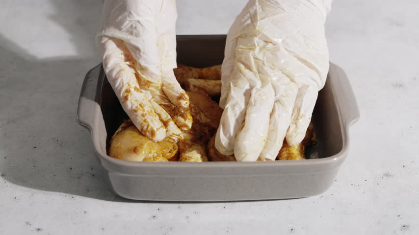 Gloved Hands Arrange Marinated Chicken Drumsticks In A Baking Tray.
