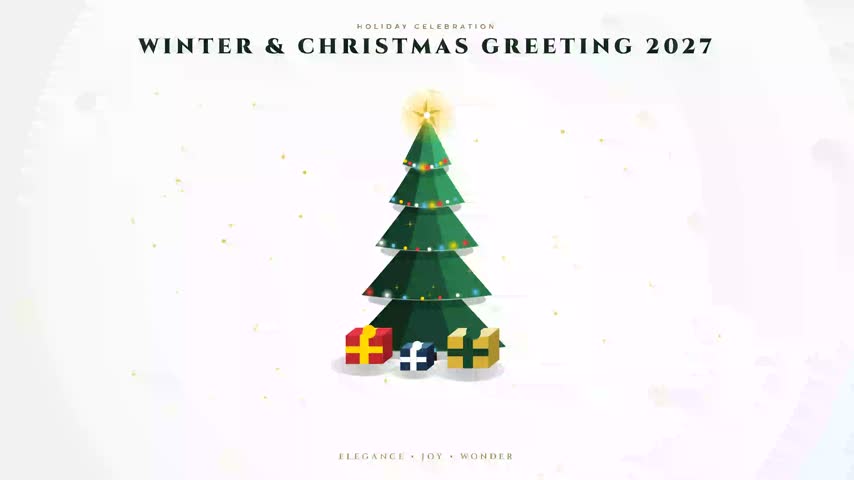 Looping 3D motion graphic animation featuring a geometric Christmas tree decorated with glowing colorful LED ornaments, a shiny golden star topper, and elegant wrapped gift boxes at the base with falling sparkles on a clean white background. Perfect for holiday greetings, Christmas promotions, and seasonal video backgrounds.   