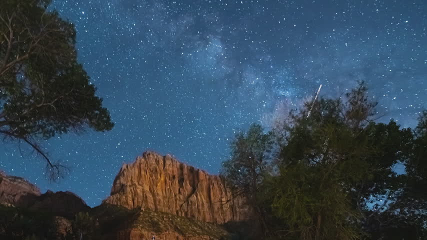 Time-lapse of Stars Over Zion National Park Red Rock Cliffs on a Summer Night.