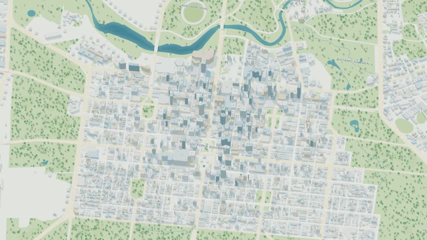 3D map animation of Adelaide city and River Torrens in Australia with a continuous pullback. Stylized buildings and mapped streets.