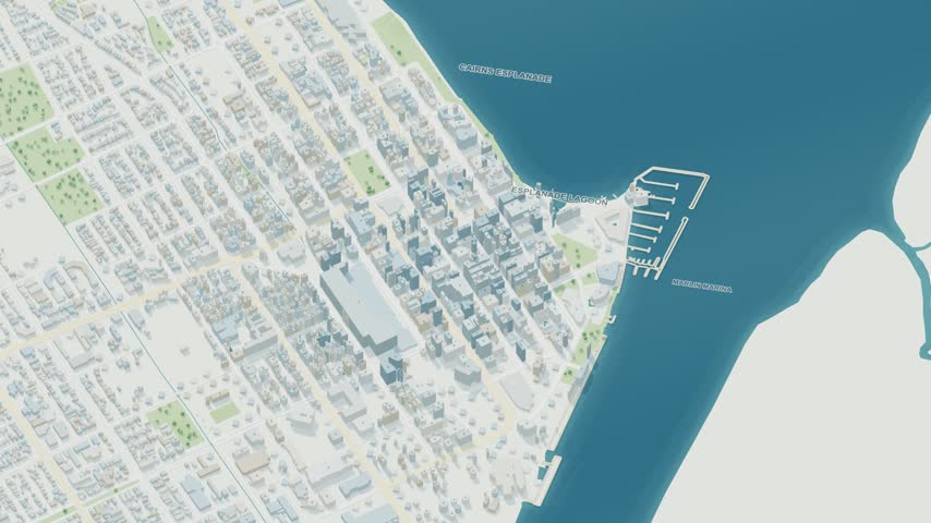 3D map animation of Cairns city and waterfront in Australia with a continuous pullback. Stylized buildings and mapped streets.