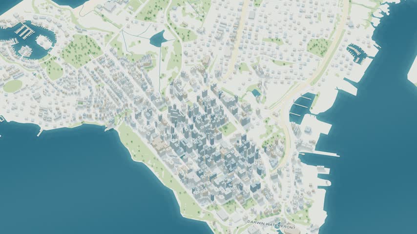 3D map animation of Darwin city and harbour in Australia with a continuous pullback. Stylized buildings and mapped streets.