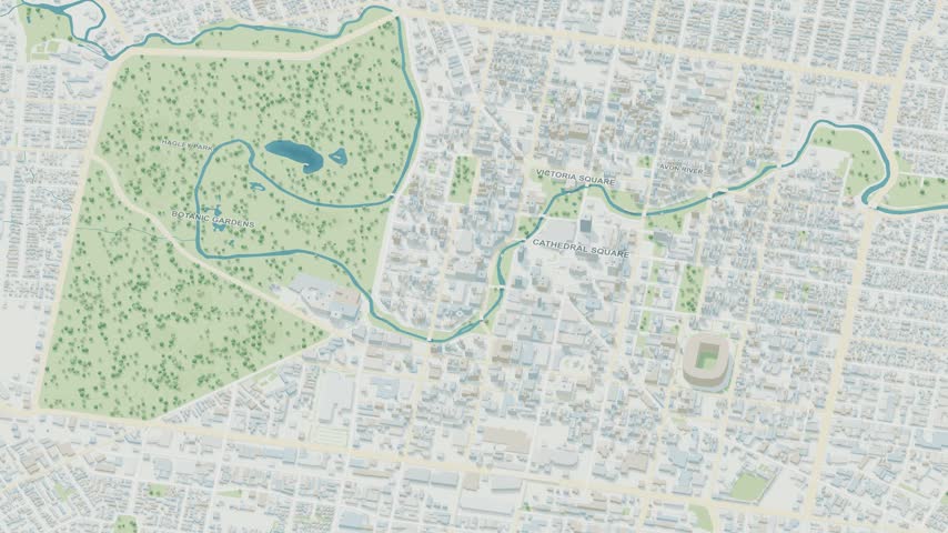 3D map animation of Christchurch city and Avon River in New Zealand with a continuous pullback. Stylized buildings and mapped streets.