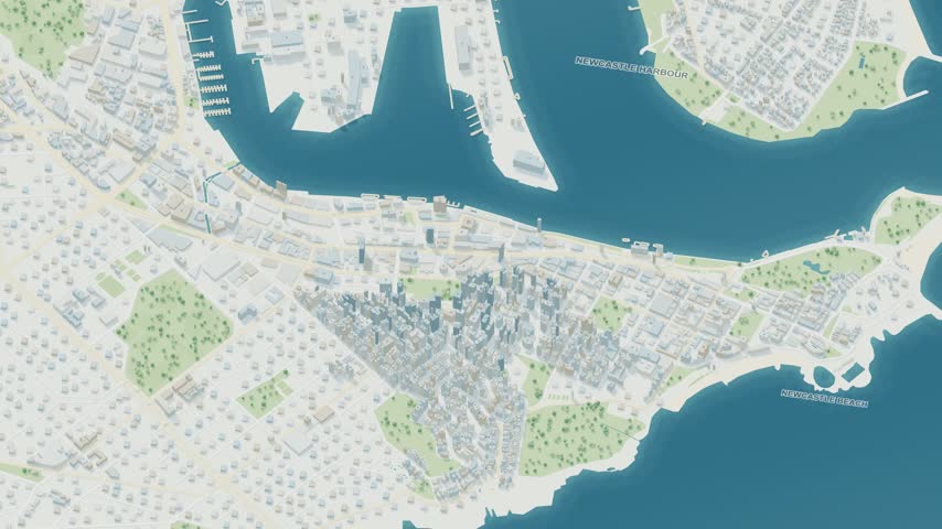 3D map animation of Newcastle city and harbour in Australia with a continuous pullback. Stylized buildings and mapped streets.