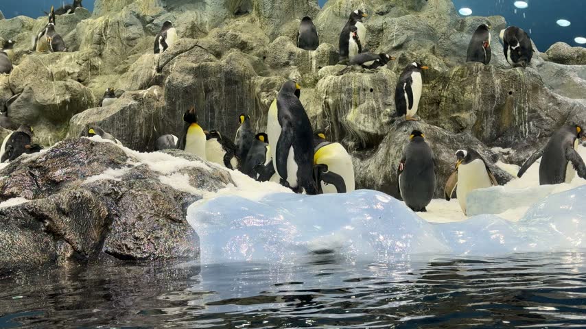 Large colony of king penguins (Aptenodytes patagonicus) standing on rocky terrain beside an artificial ice formation and water in a modern zoological habitat. Polar wildlife, bird colony, conservation, nature education.