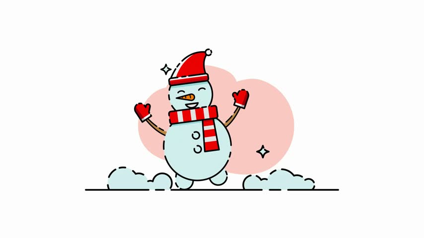 Vector cartoon illustration of cheerful snowman with carrot nose celebrating winter holidays with happiness and motion effect
