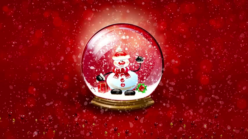 Cute cartoon snowman inside glass snowglobe with falling snowflakes on red holiday background for christmas celebration and winter season