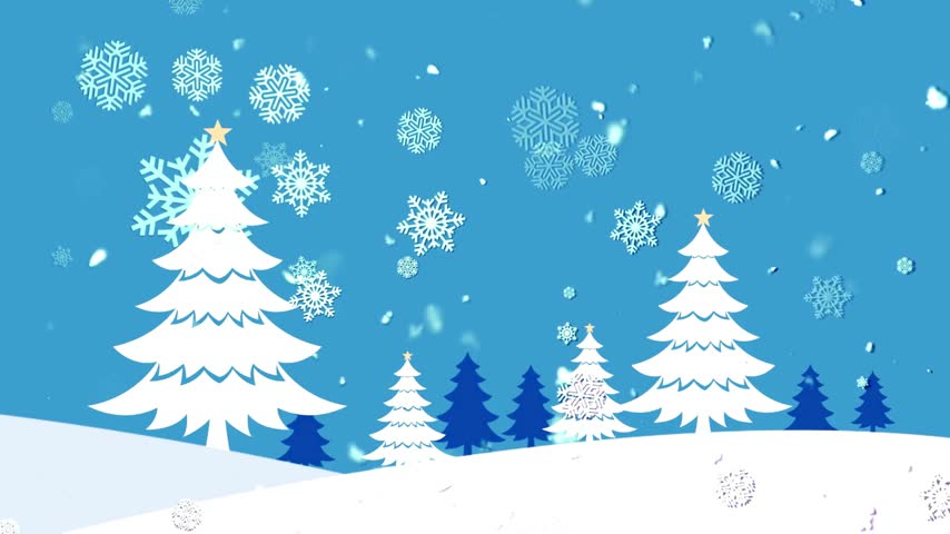Cute cartoon winter landscape with falling snow, white christmas trees, and decorative snowflakes in vector art style