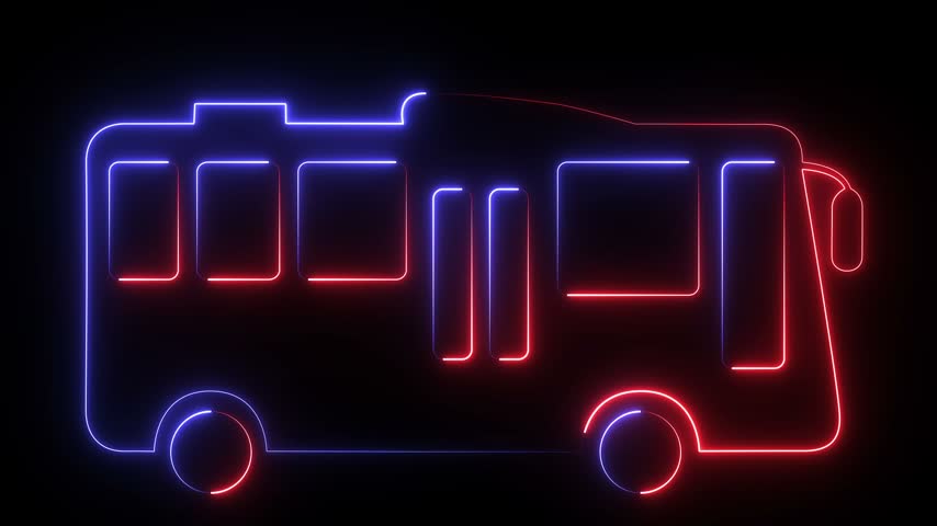 A glowing neon-style illustration of a public transportation bus outline with red and blue lights against a dark background.