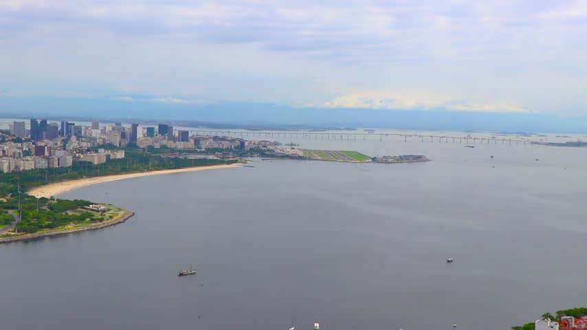 Spectacular beaches, green mountains and urban skyline stretch across Rio de Janeiro from the Sugarloaf cableway in Rio de Janeiro State of Rio de Janeiro Brazil.