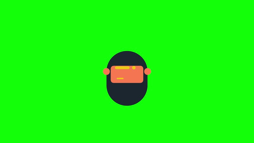 A minimalist flat vector illustration of a character head wearing a virtual reality headset, specifically designed for animation and motion graphics. The asset features a dark stylized head with an orange visor against a solid green screen background, ideal for chroma key compositing in digital projects.
