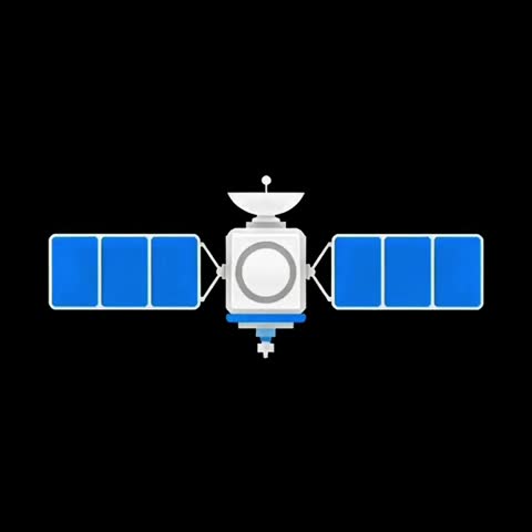 clean, flat vector illustration of an artificial communication satellite floating in space, featuring solar panels and a satellite dish, isolated on a solid black background. Perfect for aerospace, technology, and astronomy concepts