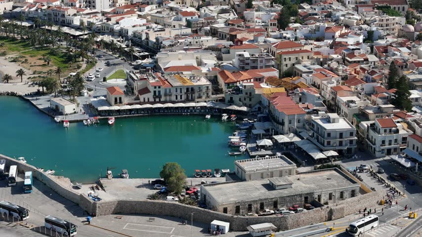 Aerial drone view of Chania city in Crete, Greece