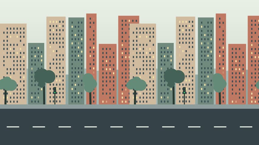 Flat vector city cityscape seamless background illustration with skyscrapers high rise buildings and street road