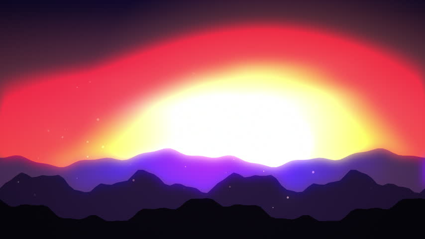 Dusk sky with layered dark ridge silhouettes, glowing low sun and drifting warm dust particles, seamless loop 4K background