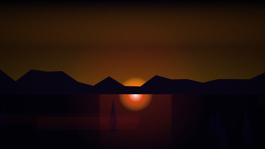 A looping cinematic sunset descends behind a dark mountain silhouette at dusk.