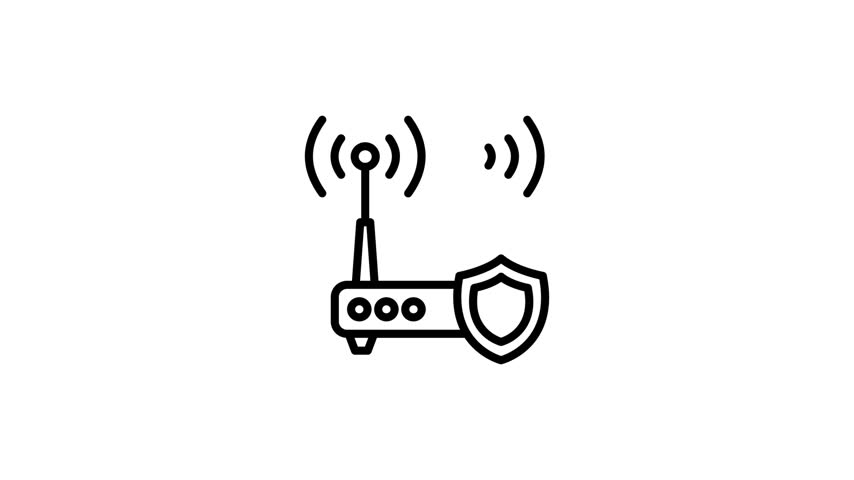 A minimalist, animated line art icon of a wireless internet router equipped with a protective shield symbol, representing network security.