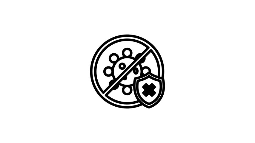 An animated black and white icon featuring a virus symbol inside a prohibition circle with a shield.