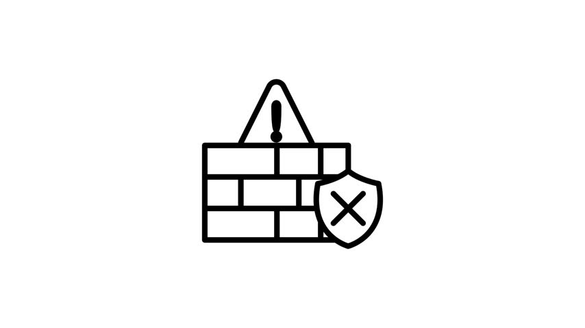 Simple line art icon depicting a brick wall firewall with an exclamation warning triangle and a shield marked with an x.