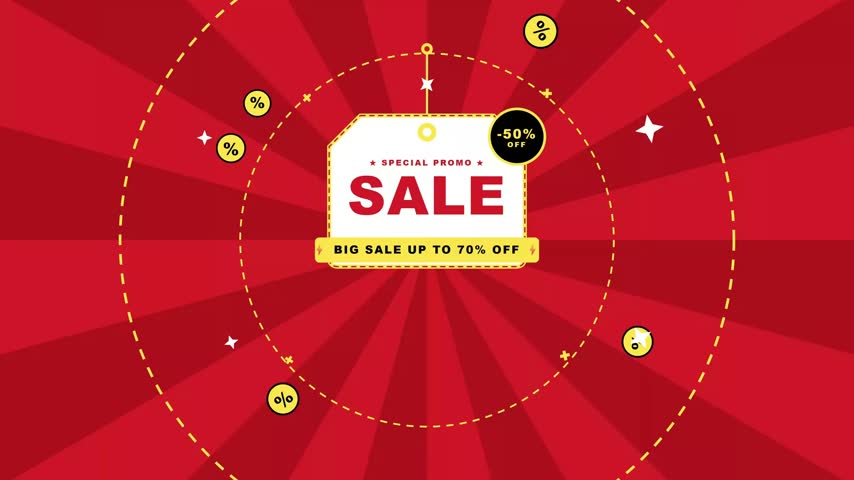 Red and Yellow Flat Vector Sale Promotion Animation with Special Offer and Up to 70% Discount