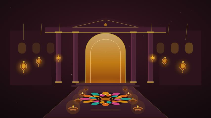 Hotel entrance decorated with lanterns rangoli and diyas Diwali welcome motion loop.