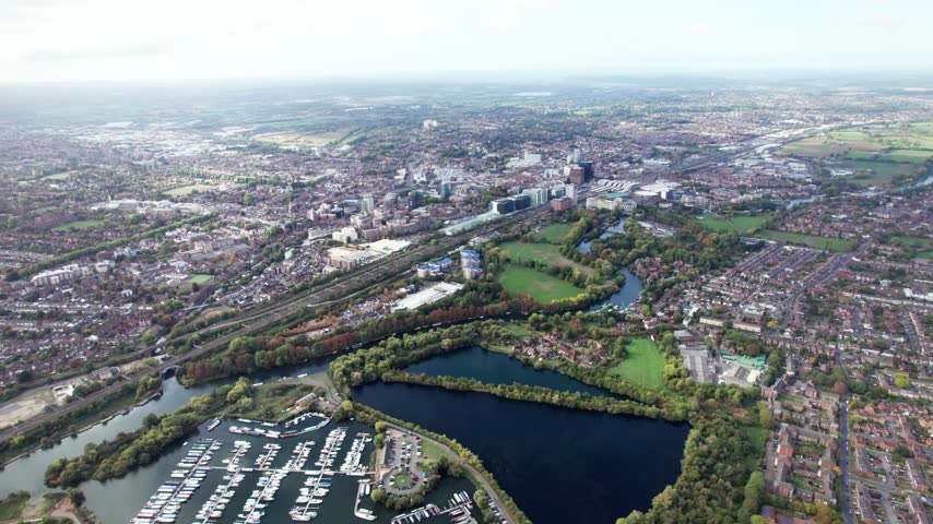 Beautiful aerial view of the Reading, Berkshire. East Reading and Downtown center, railway, yacht and River Thames