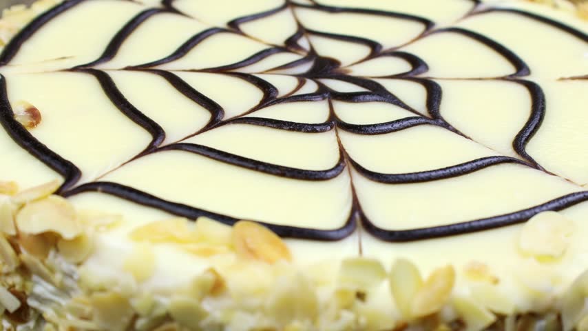 Traditional Hungarian Esterhazy cake with web decoration circle rotation close up