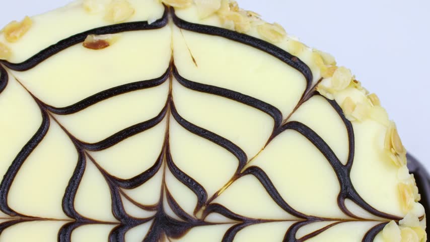 Traditional Hungarian Esterhazy cake with web decoration circle rotation close up