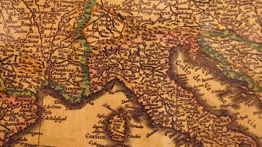 Old medieval map of Italy, copy of ancient image printed in 1631