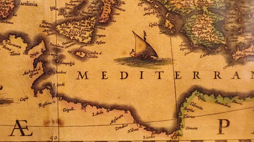 Old medieval map of Mediterranean (Mare Mediterraneum), copy of ancient image printed in 1631