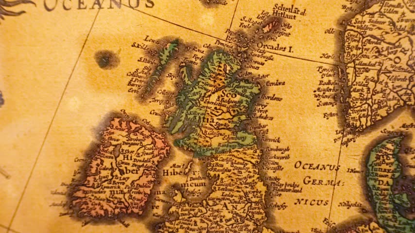Old medieval map of Anglia, Scotia and Hibernia (The United Kingdom), copy of ancient image printed in 1631