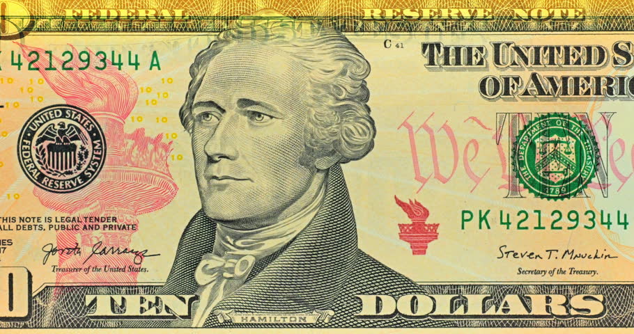 Green scanner light crosses Alexander Hamilton portrait on ten dollar bill. Banknote engraving remains visible as White House gradually overlays currency.