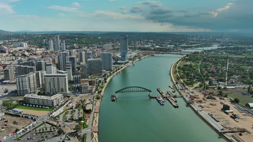 Aerial view of Belgrade the capital city of Serbia and bridges over Sava river at summer, 4k