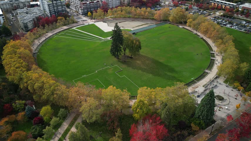 Aerial drone view of Bellevue Downtown Park featuring a large circular green lawn, central trees, and surrounding autumn foliage. Urban park landscape framed by walkways and modern buildings.