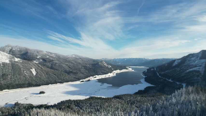 Aerial View of Snowy Peaks at Snoqualmie Pass in Winter