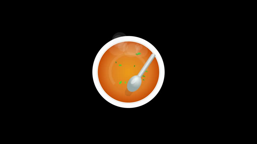 Top view of a steaming hot bowl of orange vegetable soup animation on black background