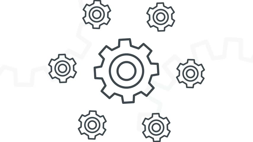 Clean line art gear icons connected on white background representing mechanical process and professional teamwork