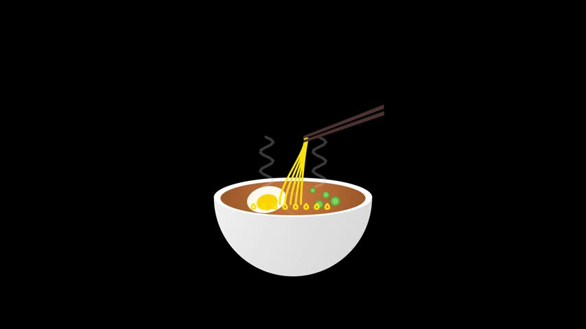 Minimalist flat vector animation of hot ramen noodle soup on a black background