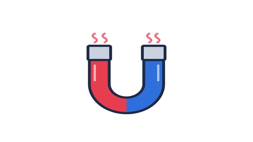 2D animated horseshoe magnet icon featuring red and blue poles with magnetic force lines. This clean vector illustration represents magnetic attraction, physics principles, and scientific research. Ideal for educational content, business marketing concepts like lead generation or customer pull, and technology presentations.